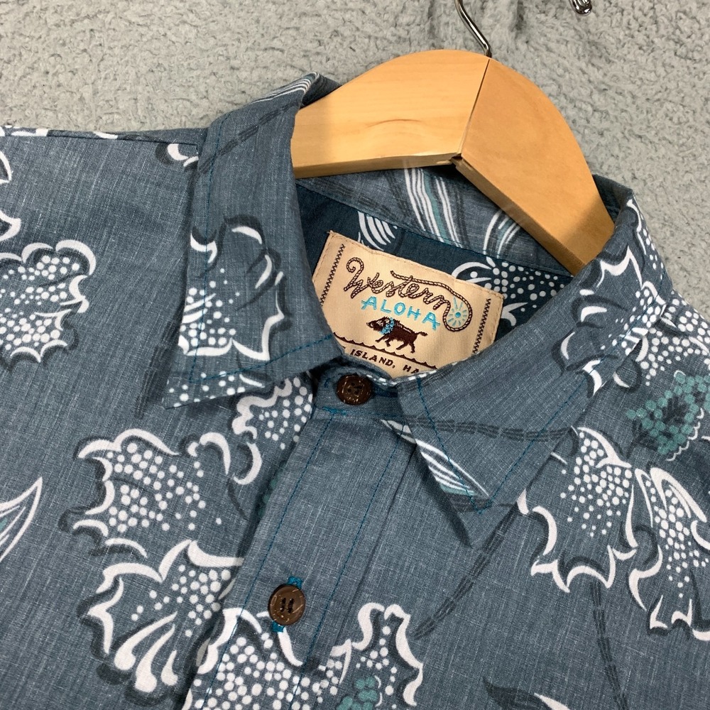 Western Aloha Shirt Men's XL Blue/White Short Sleeve Floral Button Up‎ Hawaiian